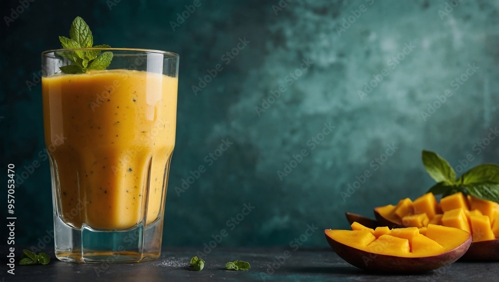 Wall mural Mango smoothie with mint leaves in a glass, highlighted in a food photography shot.