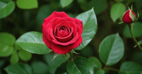 Fototapeta premium red rose with green leaves in the background