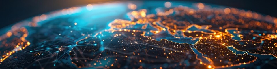 Obraz premium Aerial view of a glowing global network of interconnected lights and infrastructures across the planet showcasing the digital connectivity energy distribution