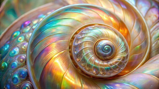 Iridescent mother-of-pearl swirls dance across the delicate, spiraling curves of a polished seashell, capturing the intricate beauty of nature's artistry in vivid, microscopic detail.