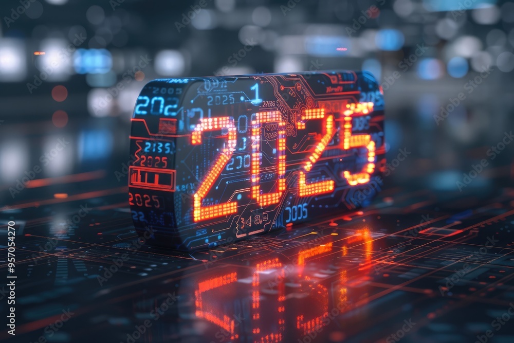 Poster futuristic digital representation of the year 2025 with glowing numbers and holographic elements in 
