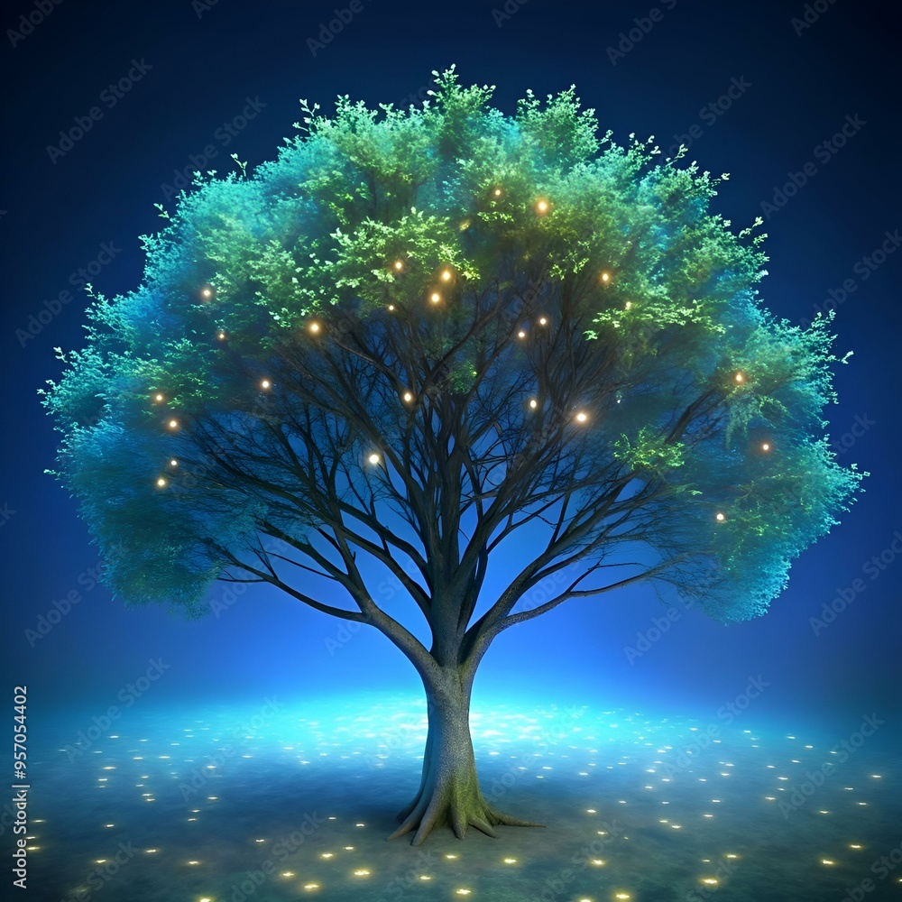 Poster a magical tree glows with warm light against a dark blue sky. creating a serene and ethereal atmosph