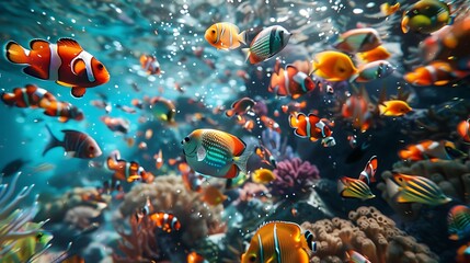 A vibrant school of reef fish swimming in the ocean,  showcasing the vivid colors and dynamic movement of underwater life