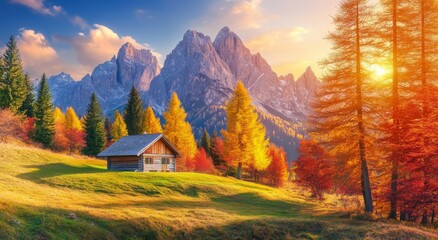 Sunrise in Canali Valley, Province of Trento, Italy, Europe. Beautiful countryside concept background. Morning scene of Dolomite Alps.