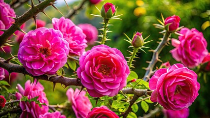 Lush, vibrant pink roses bloom amidst a tangled, prickly thorn-laden bush, evoking a sense of beauty and danger in a gorgeous, whimsical outdoor setting.