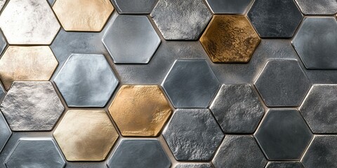 Metallic hexagonal tiles in gold and silver.