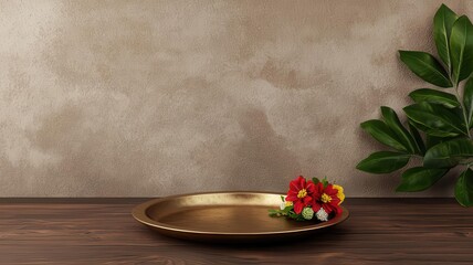 Brass puja thali, decorated with flowers, 3D illustration