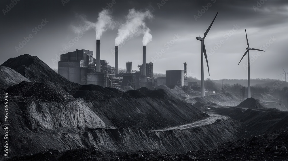 Poster wind turbines rise beside abandoned coal mines and old factories, illustrating the transition toward