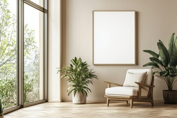 Poster Frame in Beige minimalist living room interior created with generative AI