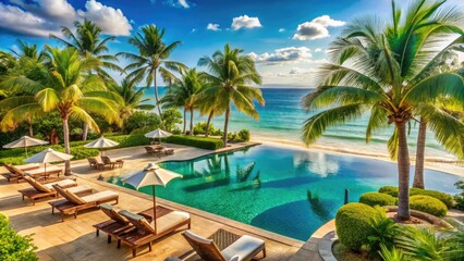 Fototapeta premium luxurious resort poolside lounge chairs and palm trees overlooking turquoise Caribbean Sea, warm sandy beach and lush greenery in Jamaica.
