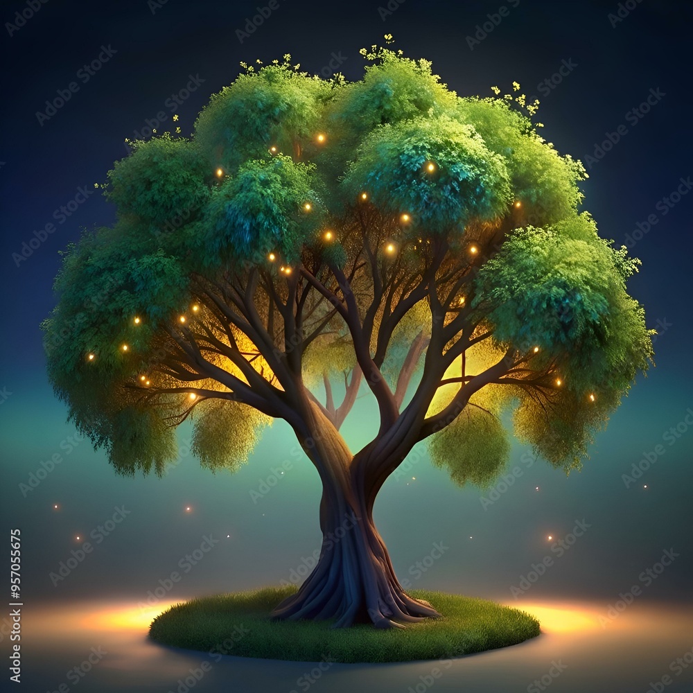 Poster a magical. glowing 3d illustration of an elm tree. illuminated with soft. warm lights.
