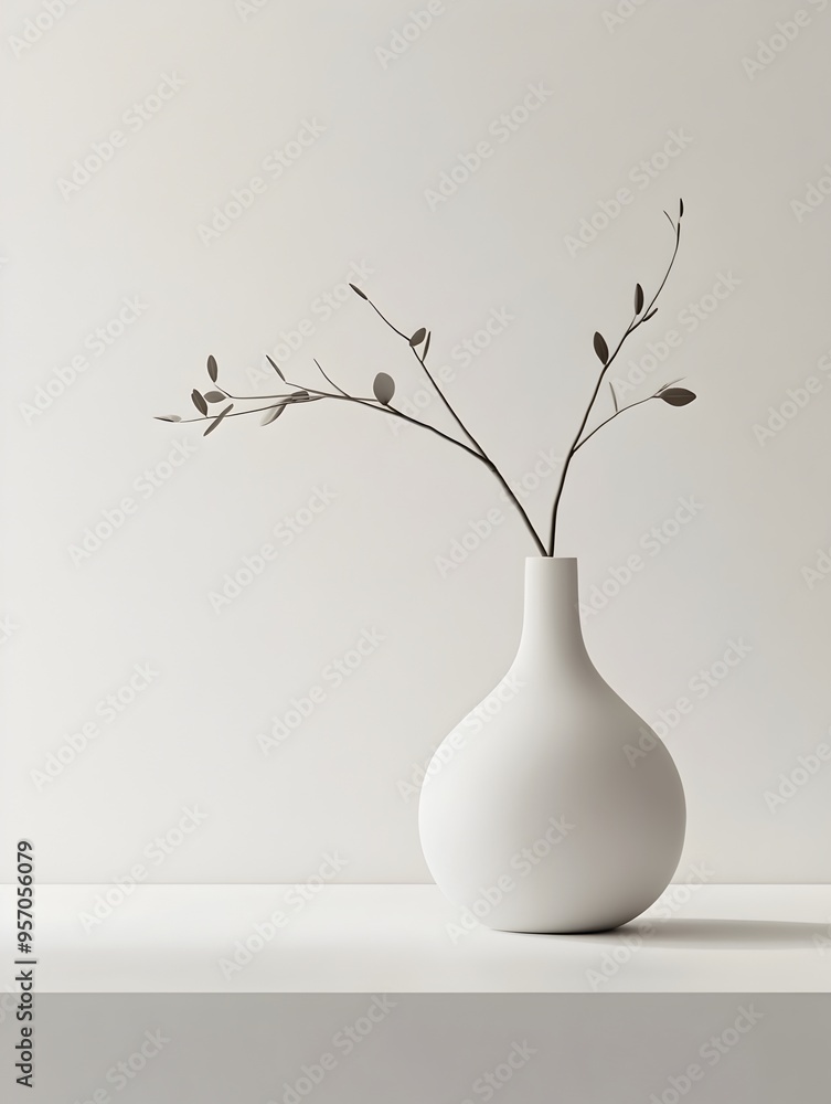 Poster Minimalist White Vase with Delicate Branch Display on Serene Background