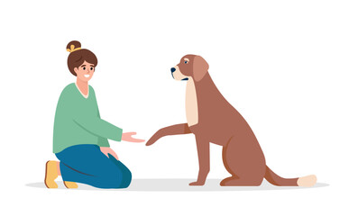 Young woman and big dog. Dog giving paw to girl. Happy Pet and owner. Adoption, charity, love, volunteering, pet care or help concept. Vector flat illustration isolated on white background.