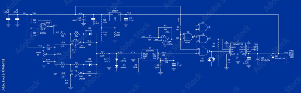 Poster schematic diagram of electronic device. vector drawing electrical circuit with logic gate, operation