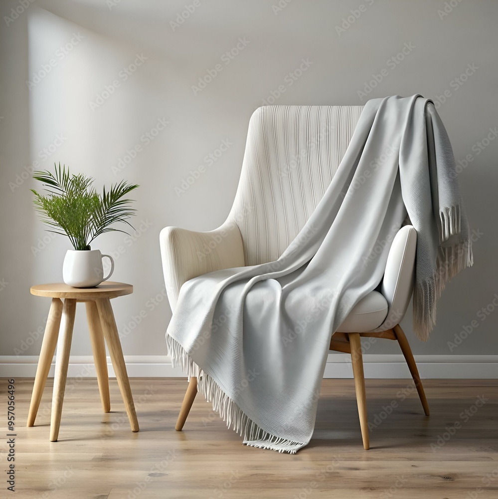 Poster a cozy armchair draped with a soft. light gray throw blanket. perfect for creating a relaxing and in
