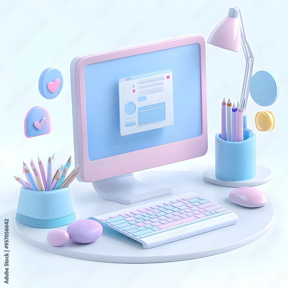 Poster minimalist workspace setup with computer and digital office accessories on white background