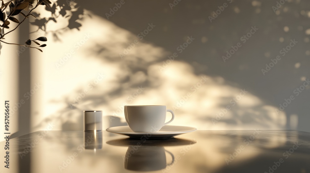 Poster 3d rendering of a table background with a coffee setting