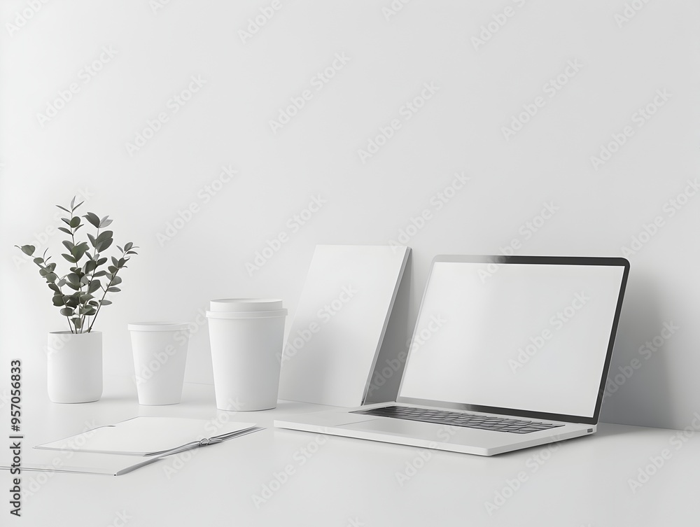 Poster minimalist workspace setup with laptop documents and coffee cups on a clean white background