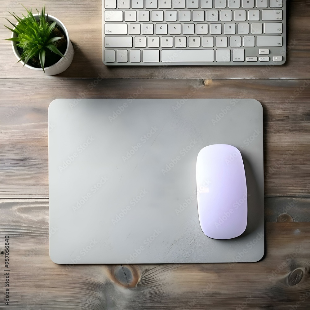 Poster a simple yet elegant workspace with a white keyboard. mouse. and a small potted plant on a rustic wo