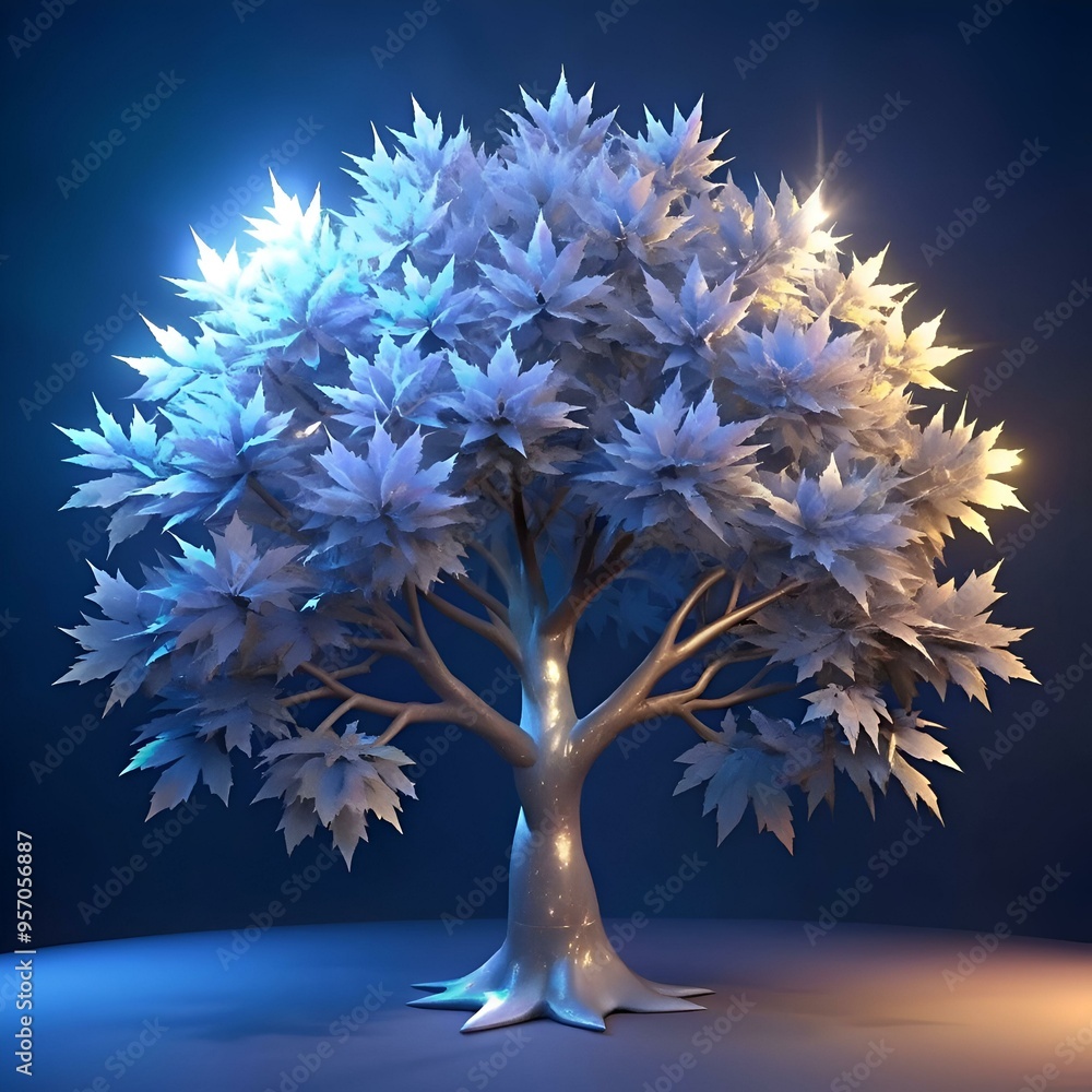 Poster a captivating 3d rendering of a silver maple tree. illuminated with a magical glow.