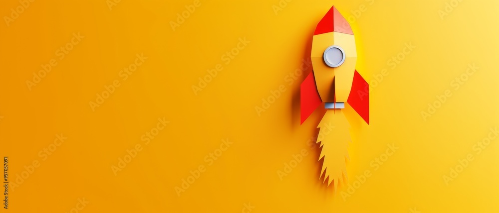 Wall mural a vibrant paper rocket against a bright yellow background, representing innovation, youth, and the s