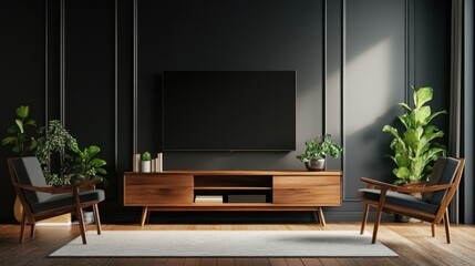 Modern living room featuring dark walls a minimalist wooden furniture and a sleek flat screen TV 3D rendering