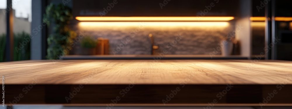 Poster 3d rendering of a modern kitchen featuring a blurred background and an empty wooden tabletop