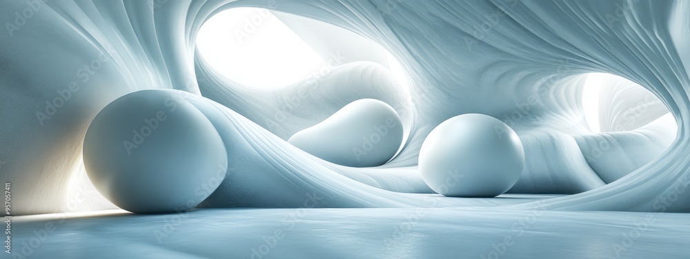 Poster abstract dynamic interior featuring smooth white objects within a dark space 3d rendering and illust