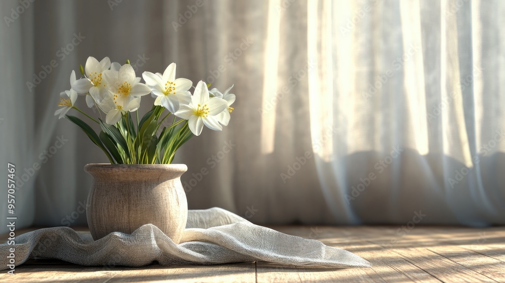 Poster 3d rendering of a composition featuring spring flowers in a pot placed on a wooden table adorned wit