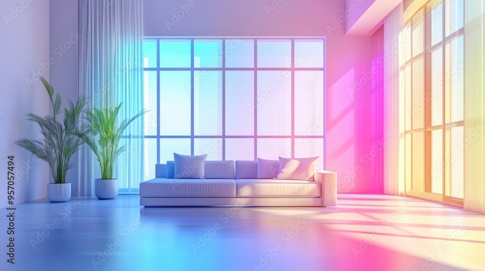 Aufkleber minimalist house interior with large windows featuring a 3d rendering of an abstract architectural d