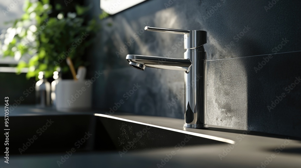 Poster 3d rendering of a mixer mounted on a ceramic sink with a modern water tap featuring a dark backgroun