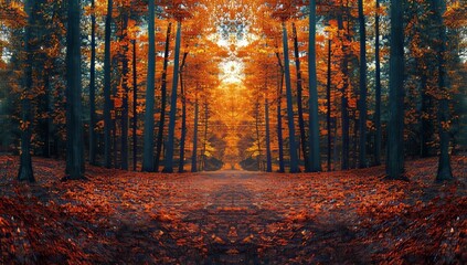 Fototapeta premium In autumn, a forest path is lined with trees with yellow leaves