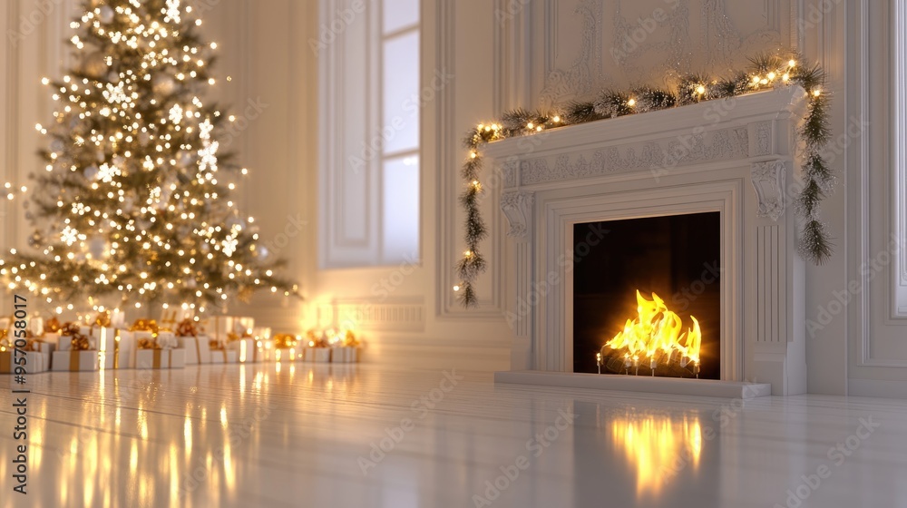Aufkleber 3d rendering of a christmas themed interior featuring a new year tree and an artificial fireplace ad
