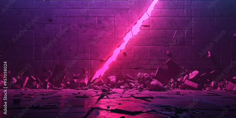 Poster 3d rendering of a shattered wall segment