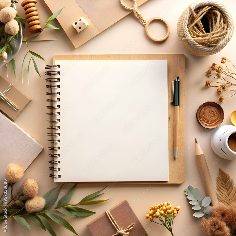 Poster a flat lay mockup featuring a blank notepad. a pen. and various natural elements on a beige backgrou