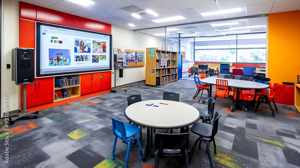 Poster smart classroom with high-tech interactive learning tools and futuristic designs.