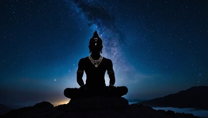 Mesmerizing silhouette of Shiva meditating under a starlit night sky.