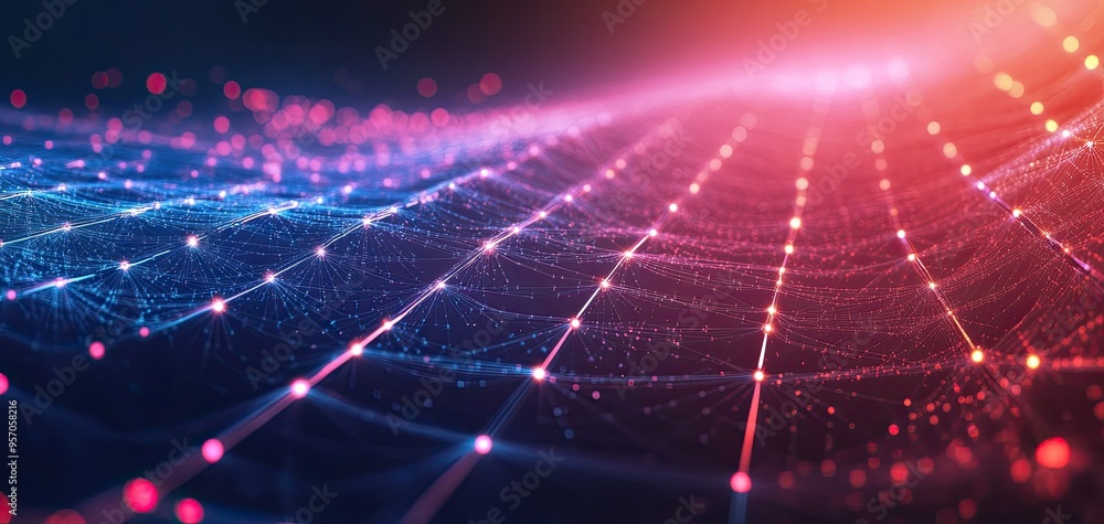 Poster a captivating wave of data points and vibrant lights, symbolizing connectivity and technological adv