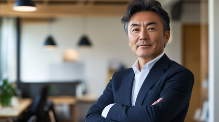 オフィスで腕組みして挑戦的な表情をしている日本人の中年男性、背景おしゃれなオフィスのボケ、日本の企業戦士 50代