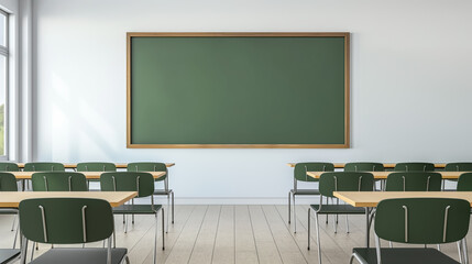 Empty classroom with a large green chalkboard and neatly arranged desks and chairs