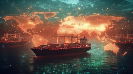 Fototapeta premium Digital artwork of cargo ships and a world map, highlighting the vast network of global trade and logistics