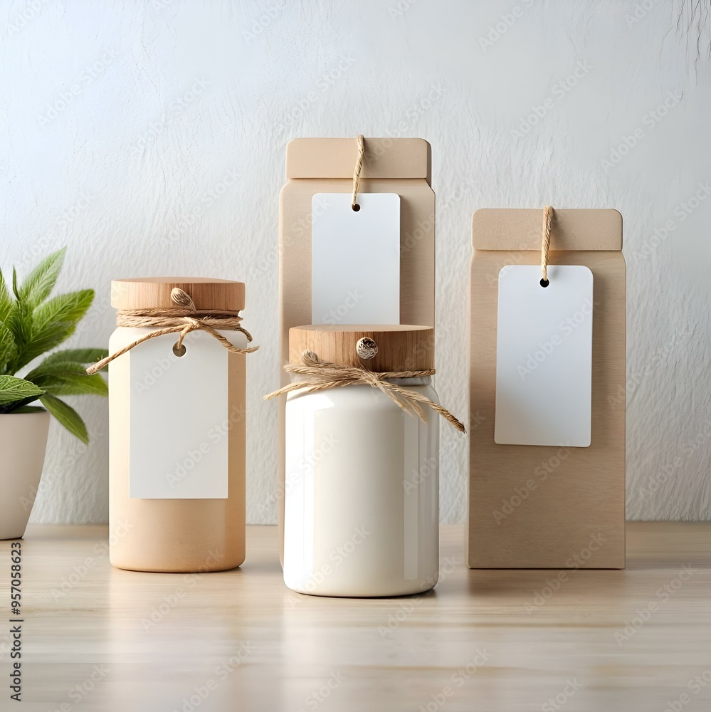 Poster minimalist mockup featuring three rustic packaging elements with blank tags. perfect for showcasing 