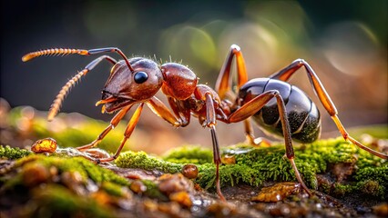 Naklejka premium Macro shot of a small, industrious ant's shiny exoskeleton and intricate details, including antennae and mandibles, against a blurred, natural background.