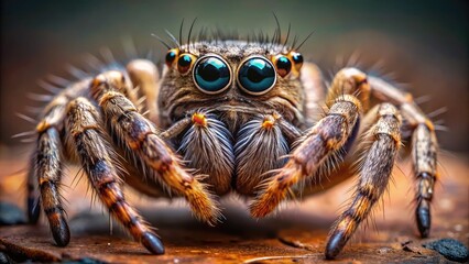 Fototapeta premium Macro shot of a sinister-looking spider, its eight beady eyes gleaming in the center of its rounded body, its delicate legs splayed outwards.