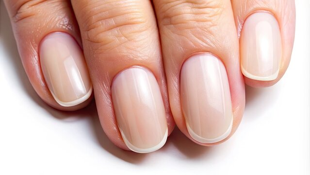Macro shot of neatly trimmed and manicured fingernails with subtle shine, showcasing precise cuticles and healthy skin tone against a plain white background.