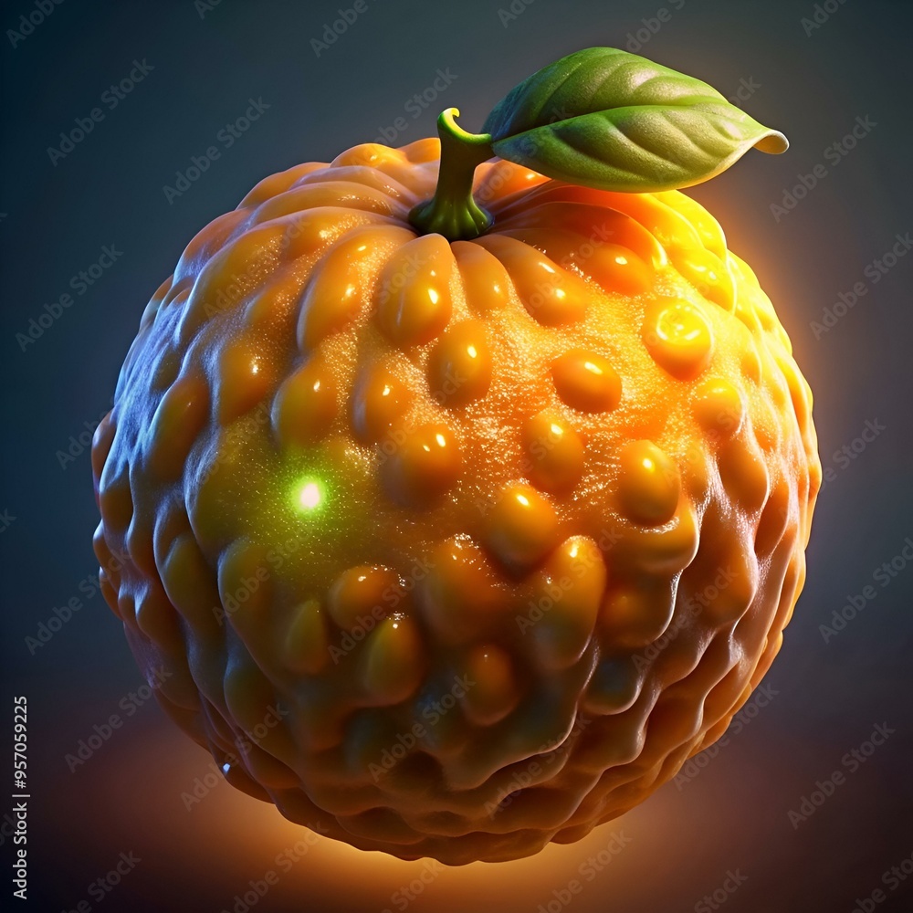 Aufkleber a close up of a unique and textured orange with a green leaf. glowing with an inner light.