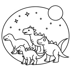 A group of dinosaurs under a full moon
