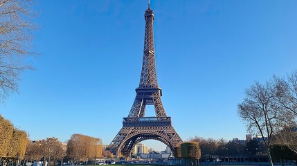 Obraz premium Eiffel Tower in Paris, France, standing tall against a clear blue sky, with no people in sight, highlighting its iconic structure