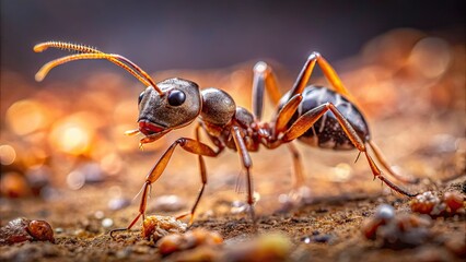 Macro view of a tiny, industrious ant's intricate body, showcasing shiny exoskeleton, delicate legs, and antennae, against a blurred, natural, earthy background.