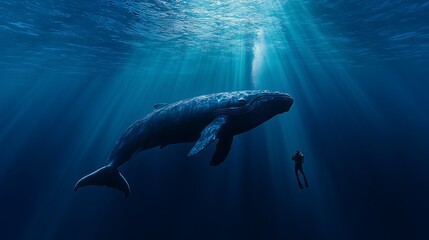 Naklejka premium An underwater scene where a diver is facing a massive whale. The diver appears small in comparison, floating in the vast, deep blue ocean.